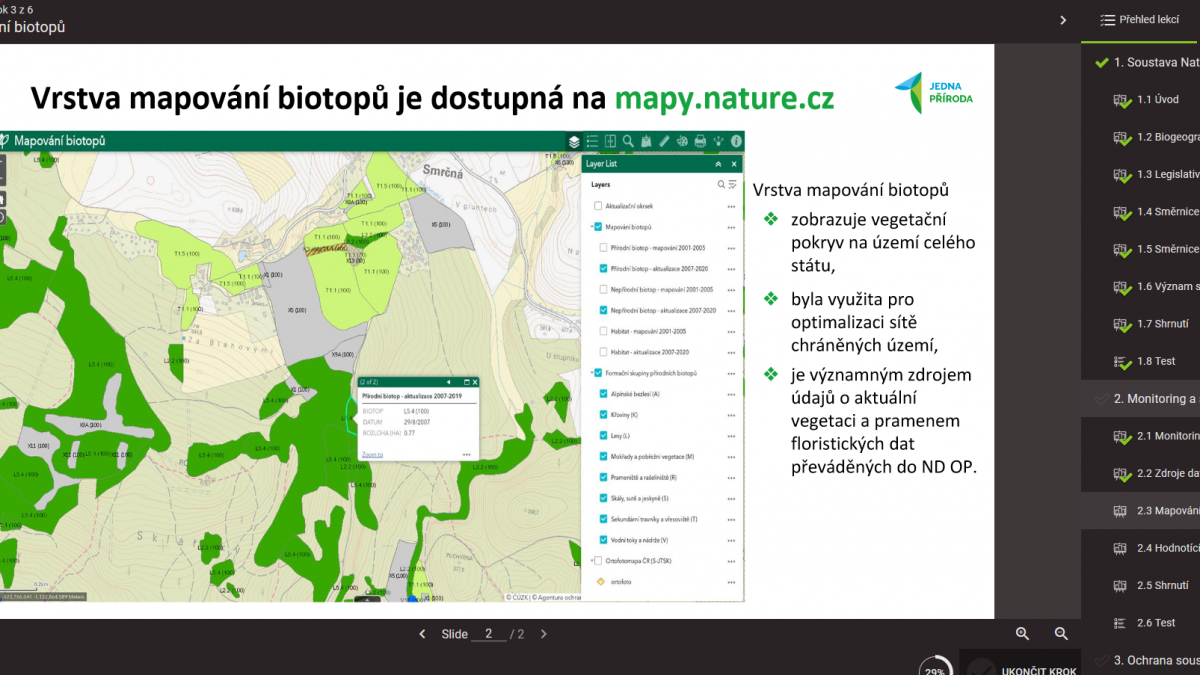 Příklad strany z e-learningového kurzu o soustavě Natura 2000 projektu Jedna příroda